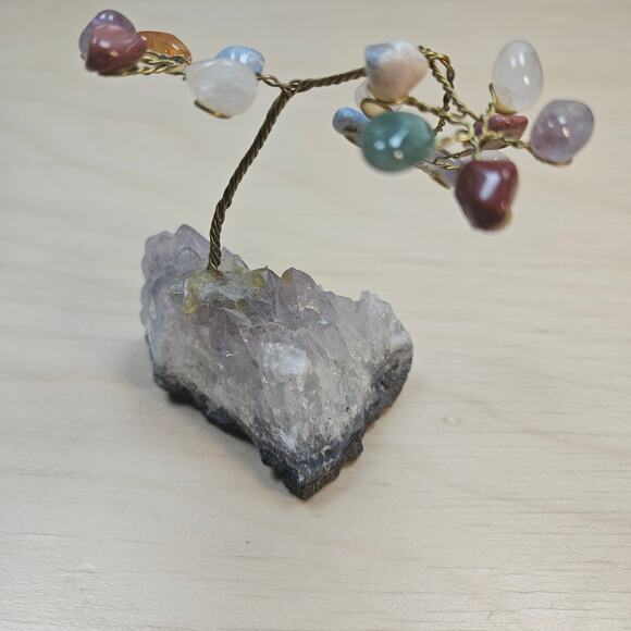 Vintage Handmade Twisted Wire Tree Sculpture with Crystal Base Mixed Gem Stones - Picture 2 of 8
